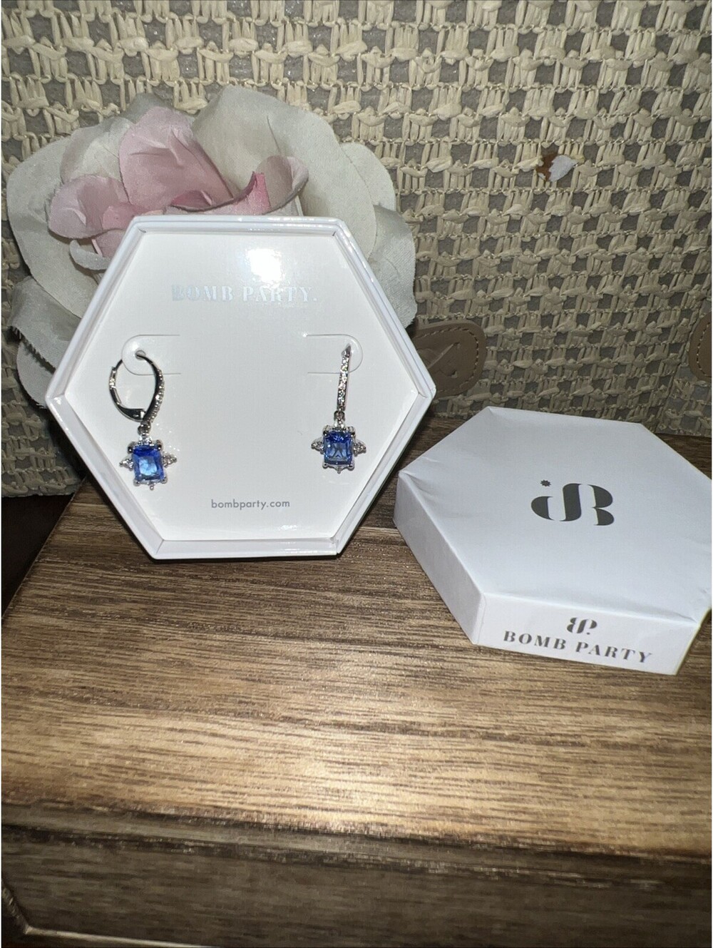 Bomb Party Shimmer So Bright Earrings. Lab Created Light Sapphire. Rhodium.